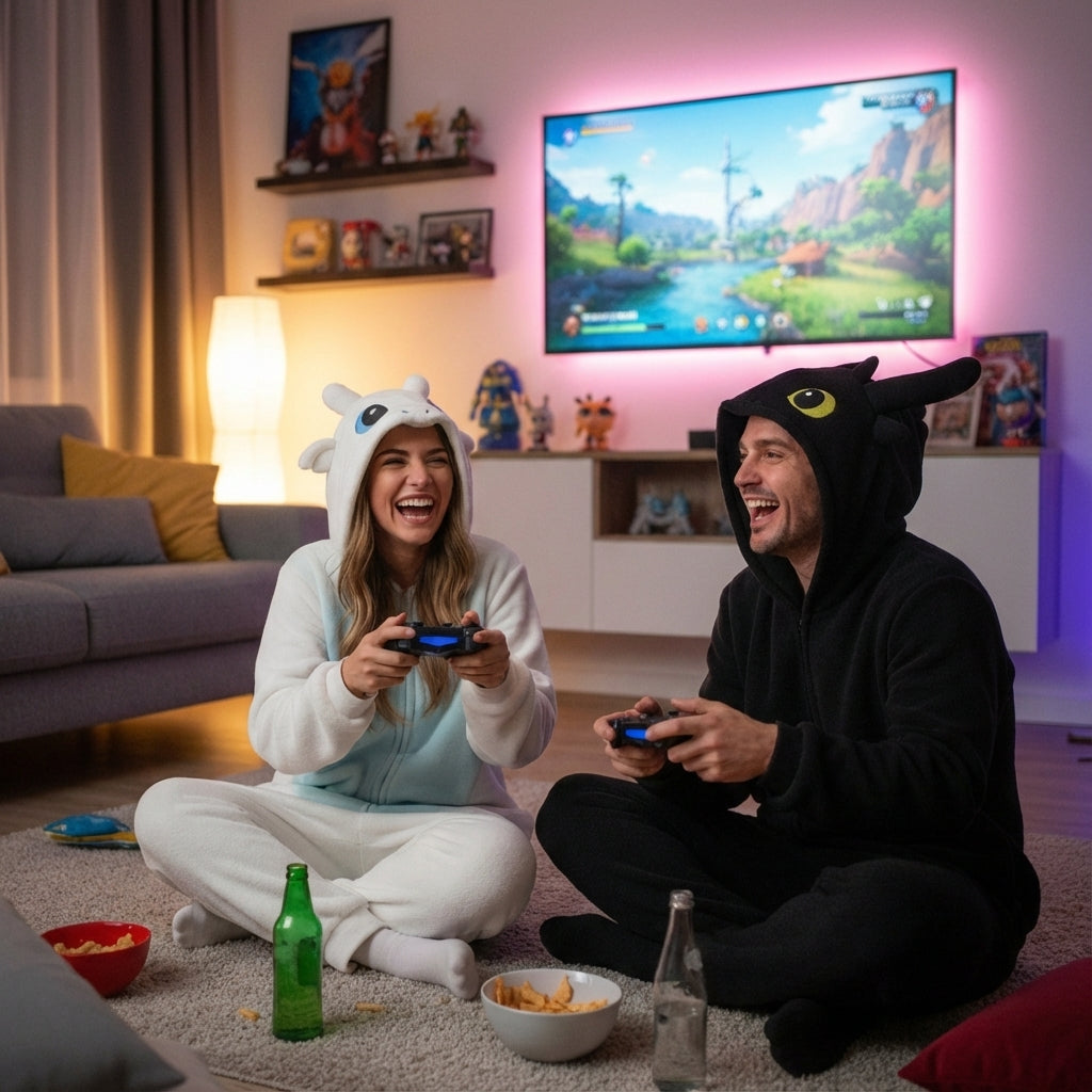 Two people in costumes playing video games in a living room.