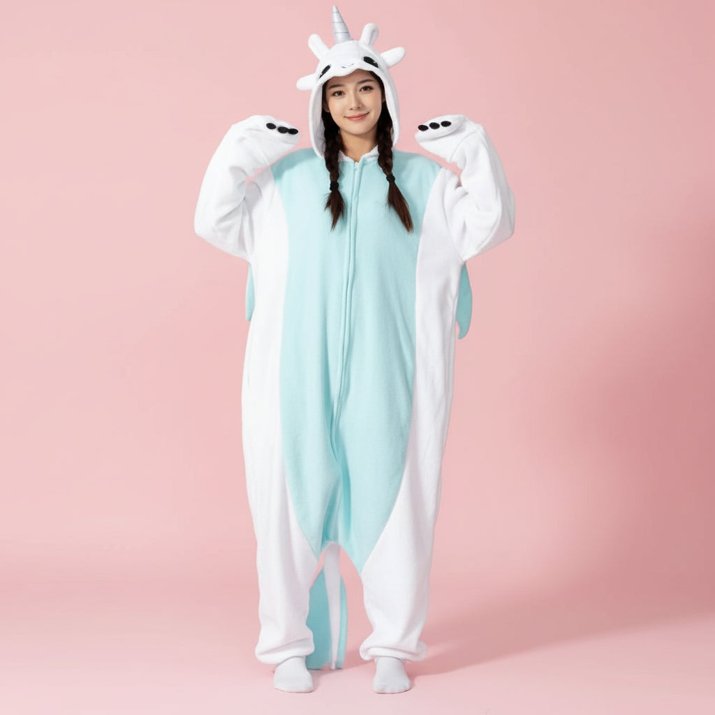 Adult white dragon onesie with light-fury-inspired hood, wings, and tail, front view