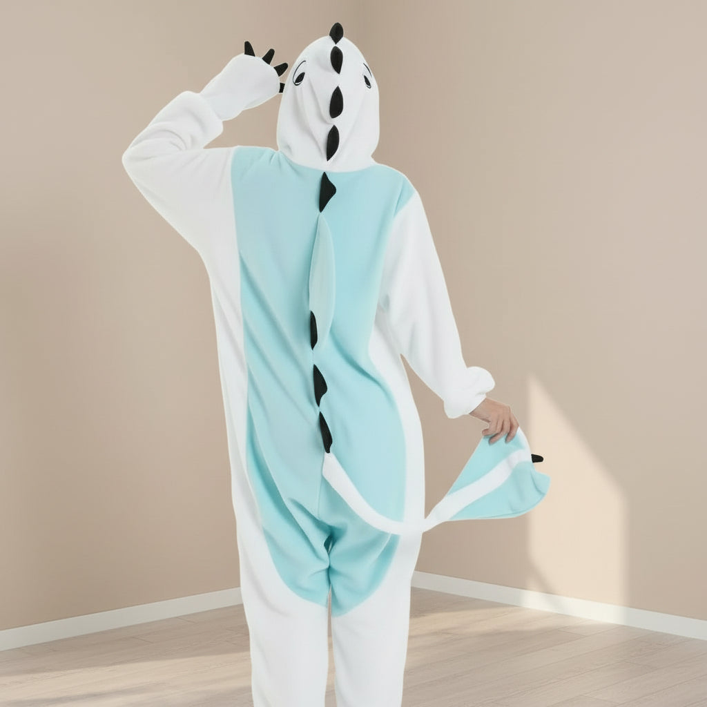 Adult white dragon onesie with Light-fury-inspired hood and tail, back view